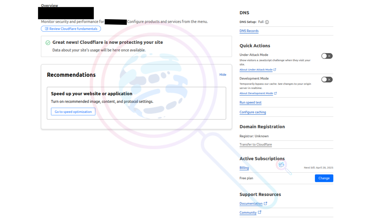 Cloudflare dashboard after nameserver update