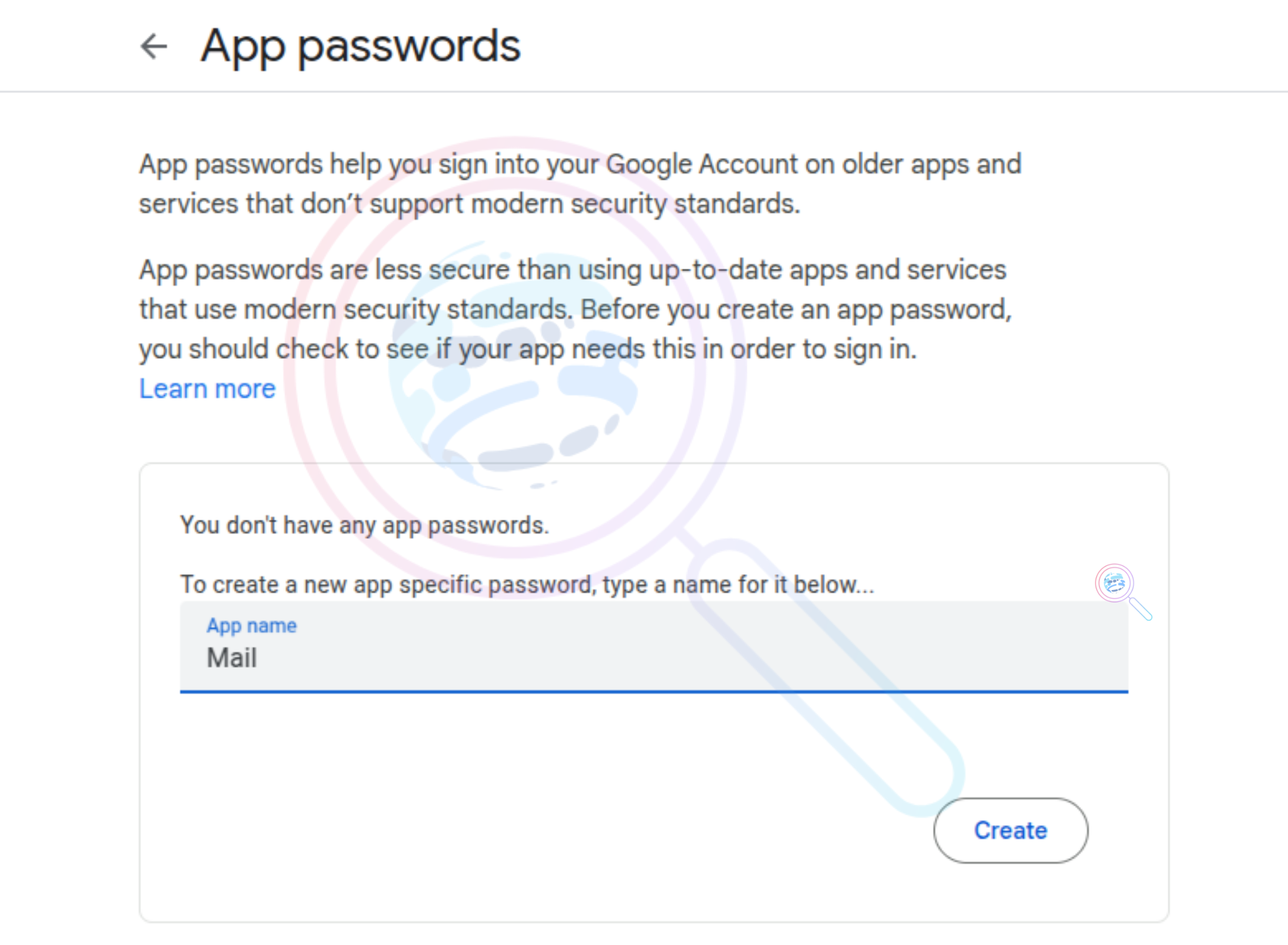 Gmail app password creation